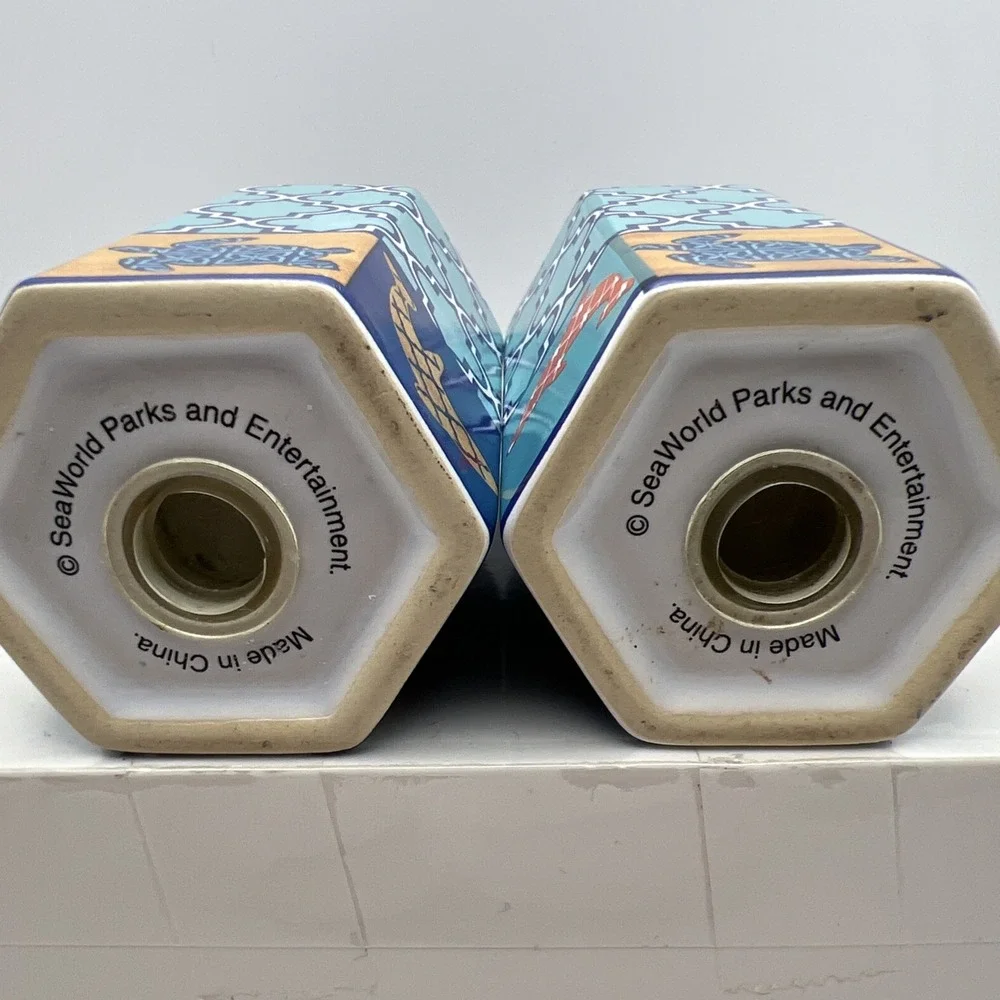 SeaWorld Moroccan Style Ceramic Salt & Pepper Shakers Sea Turtles Dolphins Blue